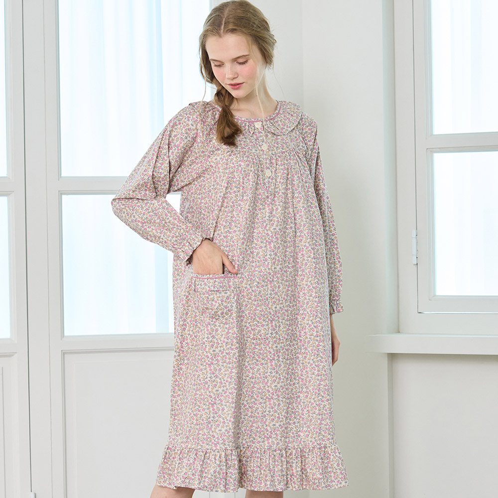 홈원피스 앤들레 순면잠옷 긴팔 꽃무늬 편한옷 여자 롱드레스 (핑크)