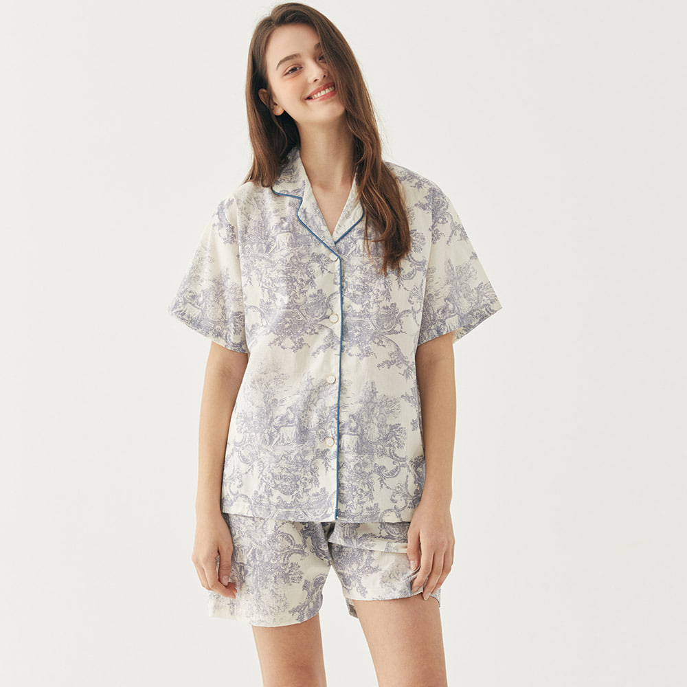 여성잠옷 홈웨어세트 꽃무늬 원마일웨어 순면 여름 파자마 실내복 (셔츠형)
