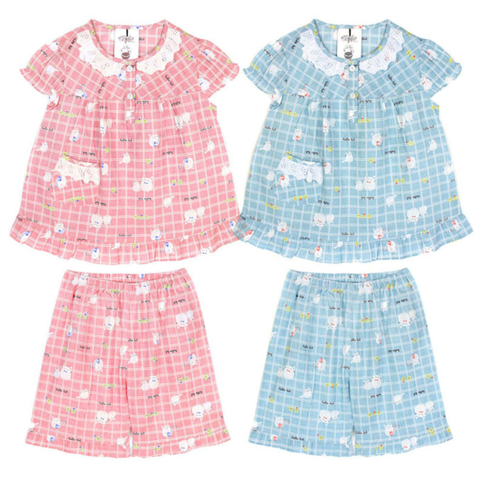 국내생산 여자아이 파자마 순면 홈웨어 초등학생 여름잠옷 체크상하복 (3~6세)