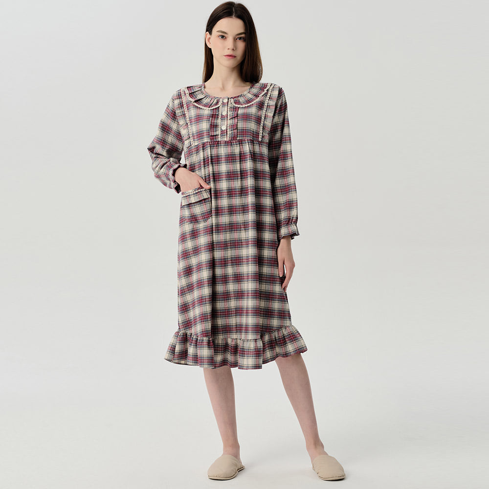 수면잠옷 원피스 체크 여자파자마 홈웨어 겨울 따뜻한 집콕템 슬립웨어 드레스