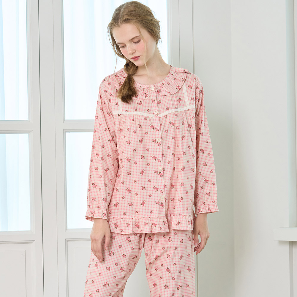 여자홈웨어 라로즈 집에서입는 순면 긴팔 꽃무늬 우정잠옷 실내복 (핑크)