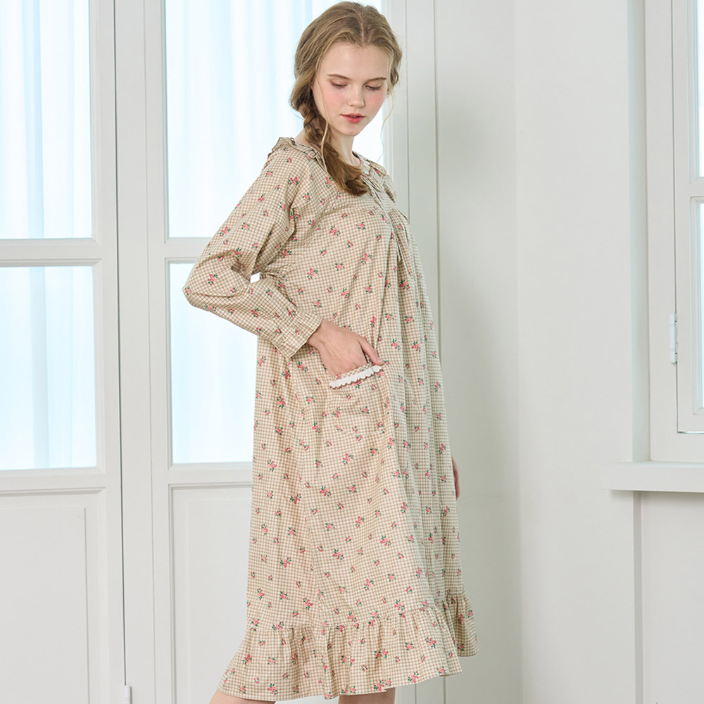 홈원피스 라로즈 순면잠옷 집에서입는 긴팔 꽃무늬 편한옷 홈드레스 (브라운)