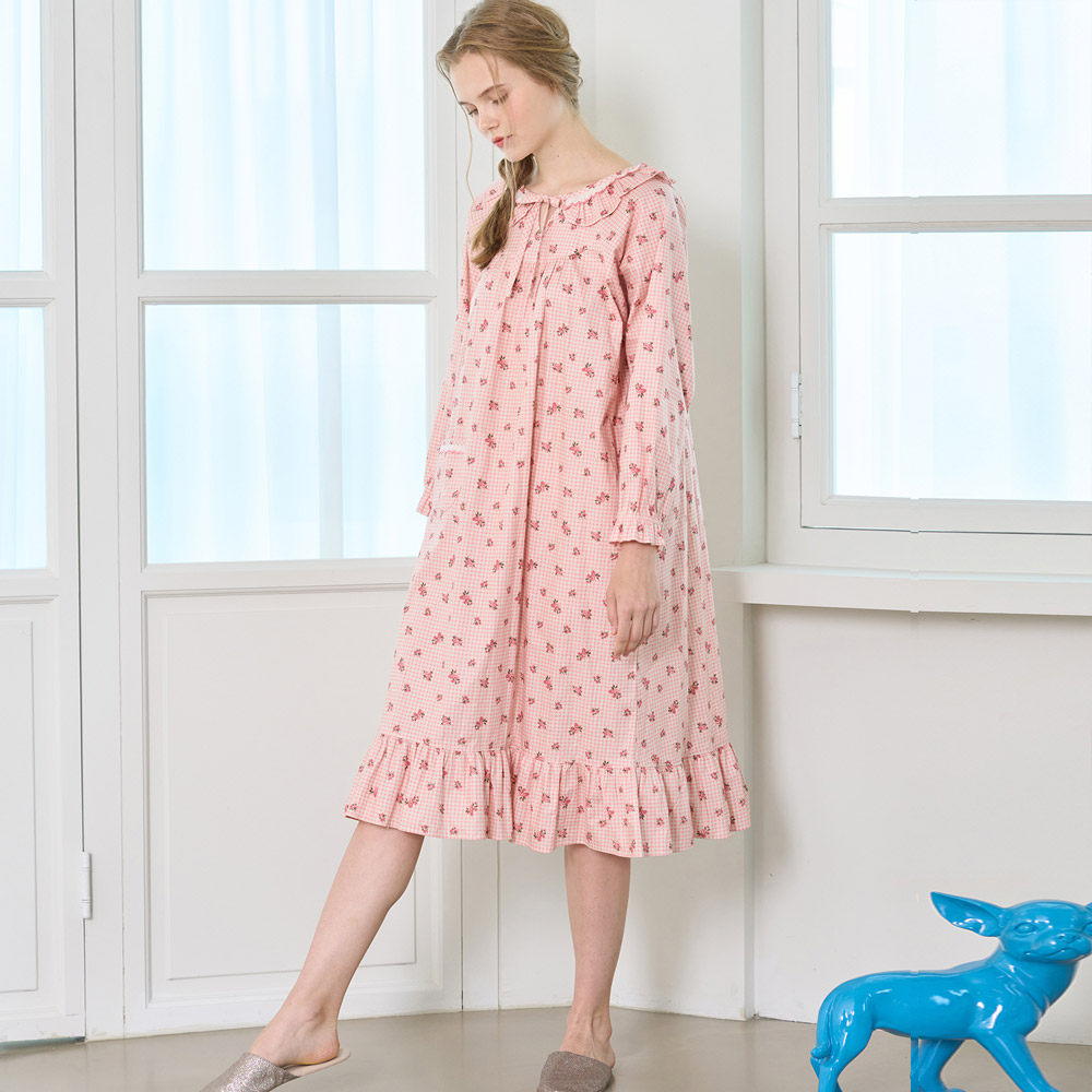슬립원피스 라로즈 수면잠옷 편한파자마 순면 꽃무늬 홈웨어 (핑크)