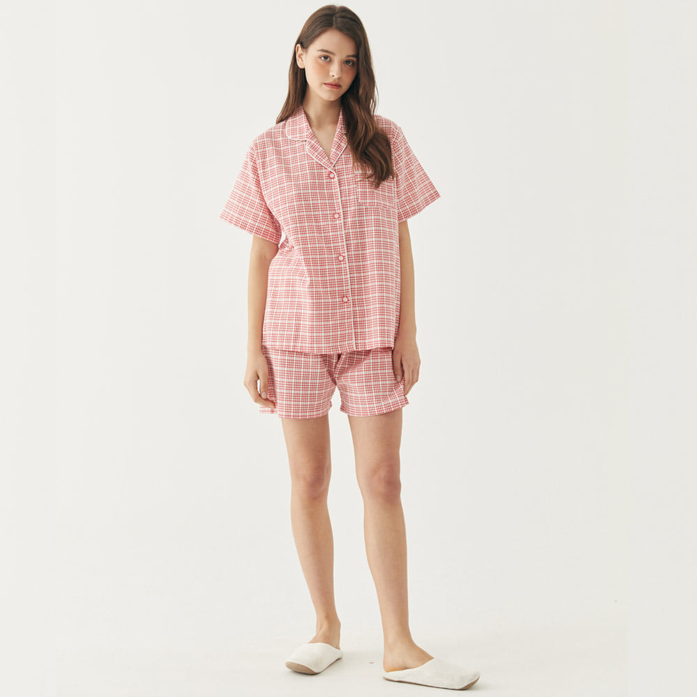 여성잠옷세트 반팔파자마 체크 여자 귀여운 여름홈웨어 (셔츠형)